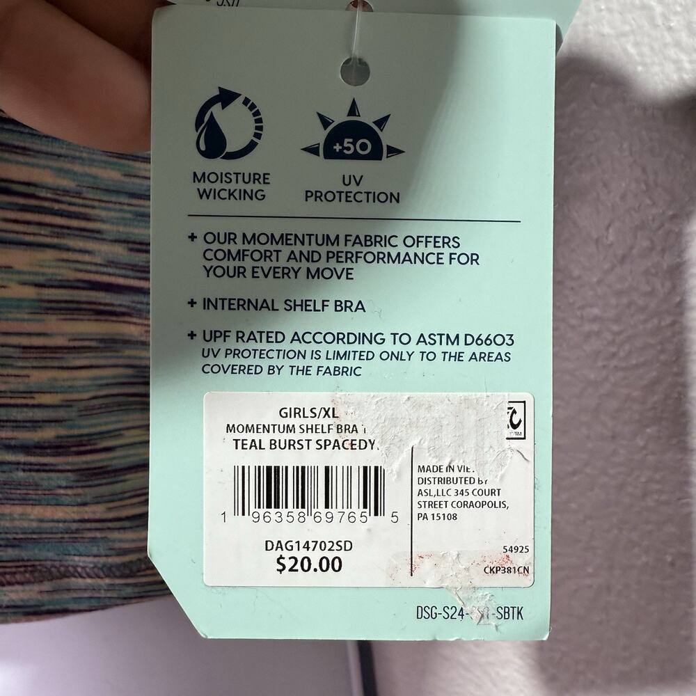 DSG Shelf Bra Tank Girls XL 16 Momentum Top Teal Burst Space Dye NWT - Picture 9 of 12